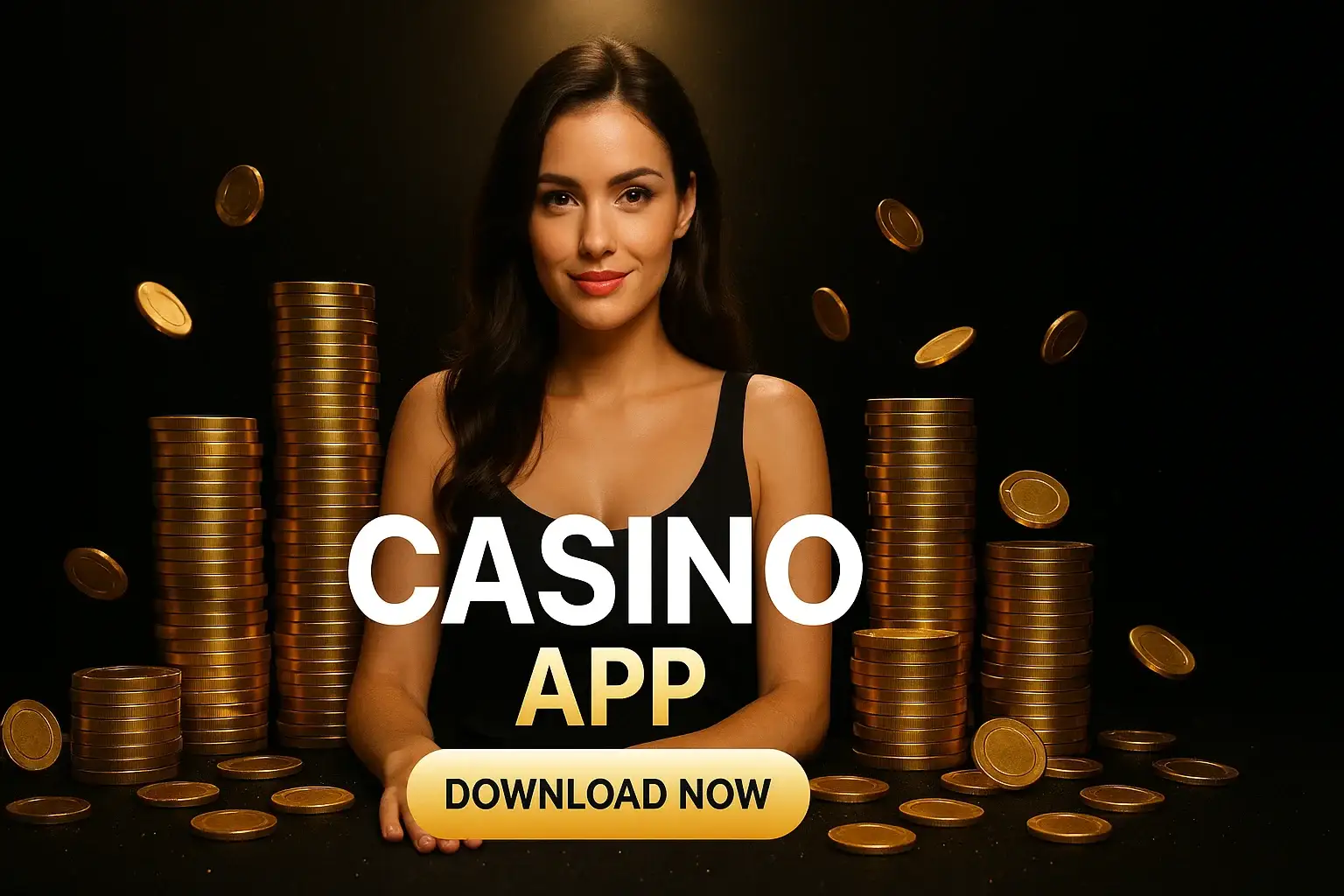 Photorealistic casino app banner with woman, gold chips and download button