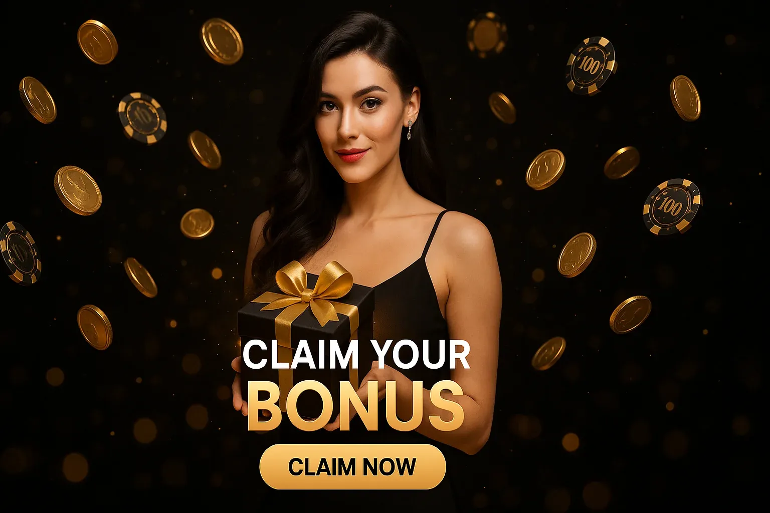 Wide casino bonus banner with woman holding gift box and gold coins