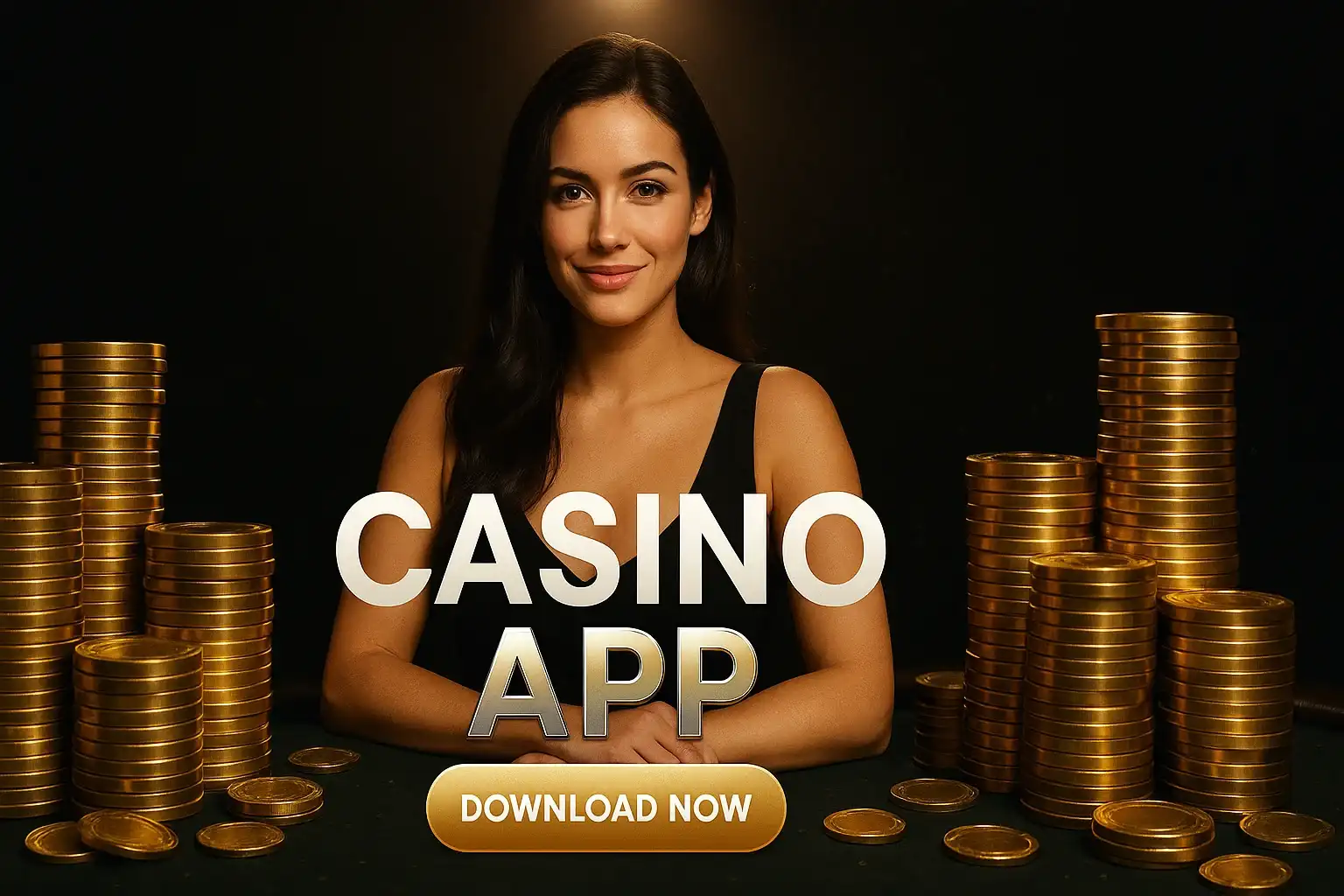 Photorealistic casino app banner with woman, gold chips and download button
