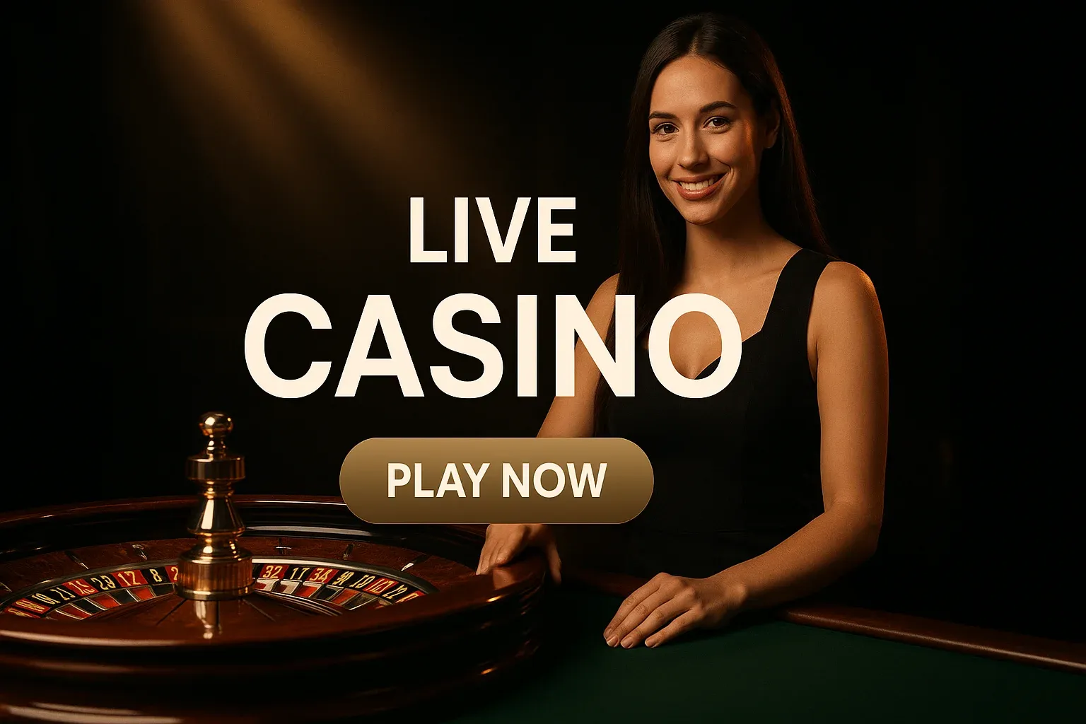 Photorealistic live casino banner with croupier, roulette wheel and play now button
