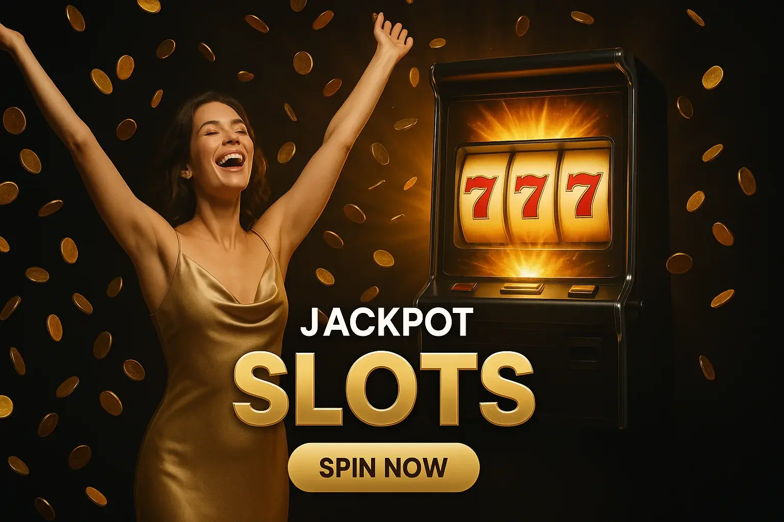 Photorealistic jackpot slots banner with British woman, gold coins and 777 machine