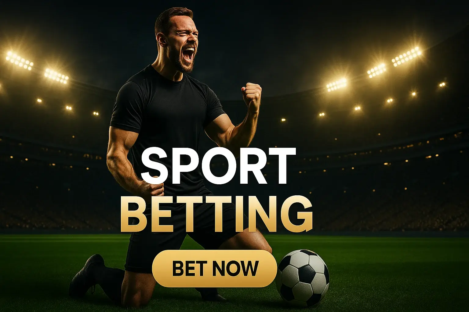 Photorealistic sports betting banner with British football fan and stadium lights